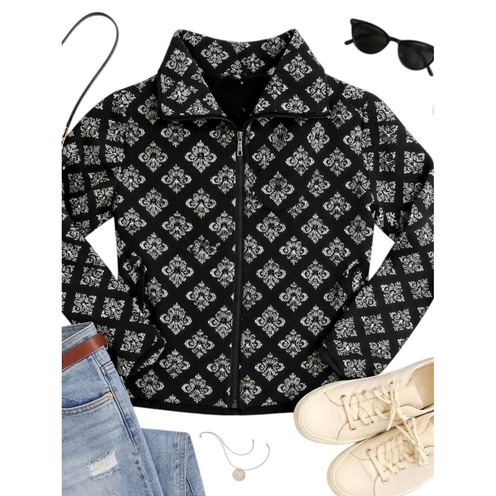 Tonia DeBellis Black White Textured Zip Jacket M - Made in Canada Patterned Knit